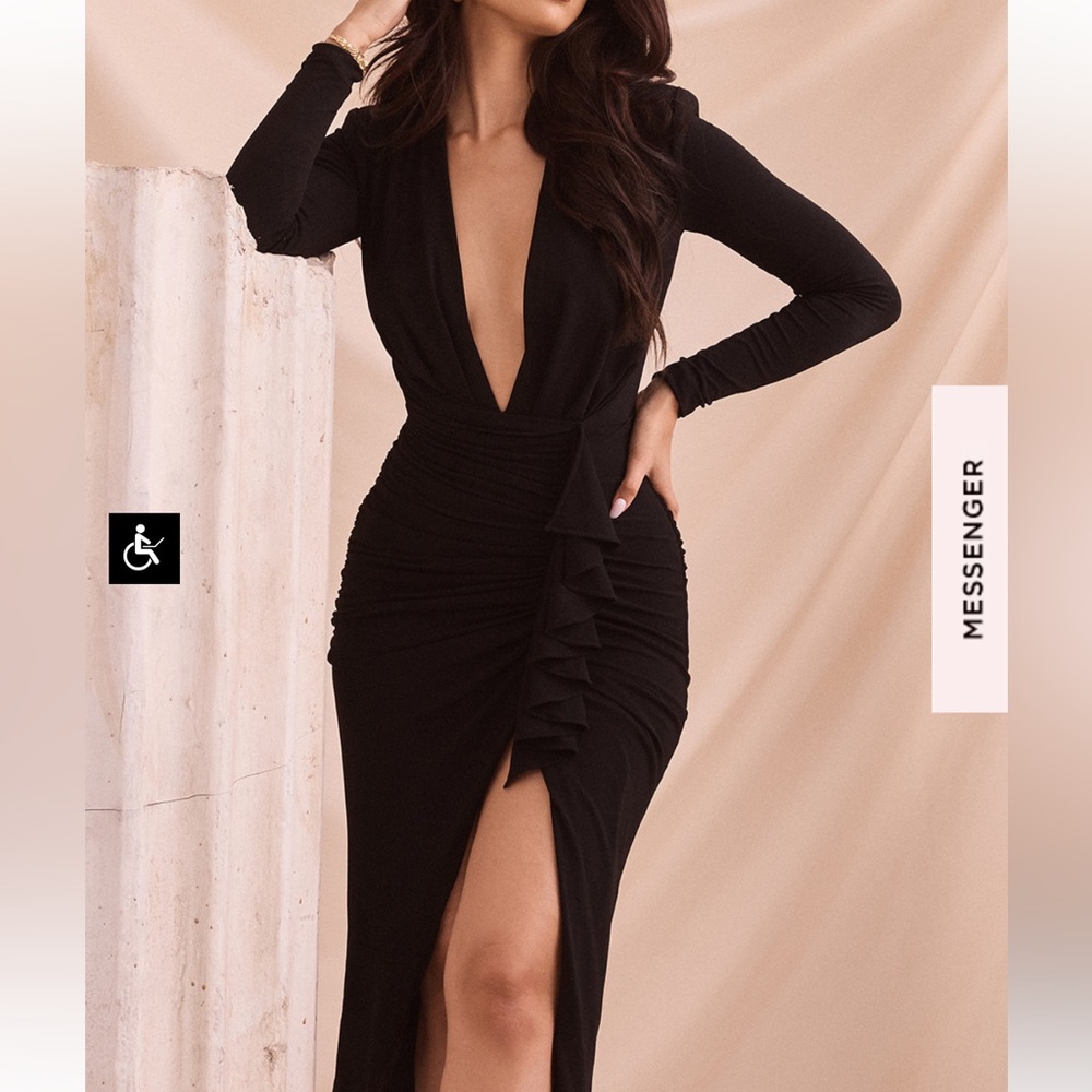 MIRA BLACK DEEP PLUNGE MIDI DRESS - Picture 9 of 15
